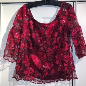 Vince Camuto burgundy lace off the shoulder top